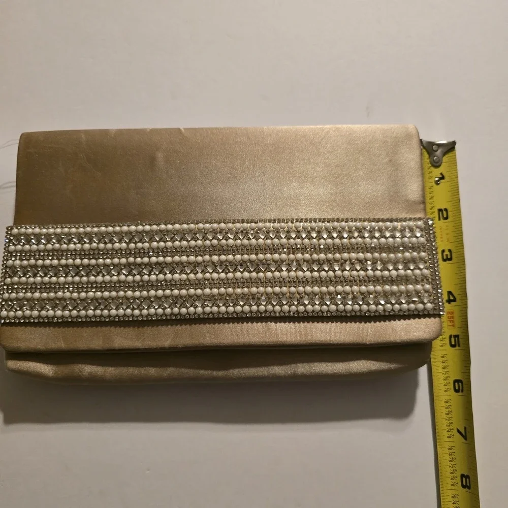 Nina Champagne Satin Clutch Pearl Rhinestone Embellished Evening Bag NWT‎